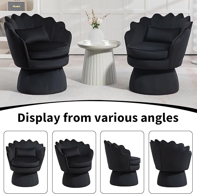 360° Swivel Accent Chair, Mid-Century Modern Velvet Barrel Chair, Comfy Shell Shape Arm Chair with Lumbar Pillow for Living Room, Bedroom, Office, Black