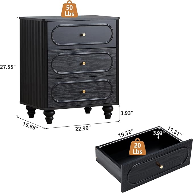 Fluted 3 Drawer Dresser for Bedroom, Modern Mid Century Chest of Drawers, Wood Storage Small Dresser Organizer for Bedroom Living Room Hallway Closet, Black