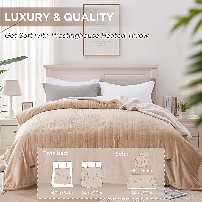 Westinghouse Electric Heated Blanket - Queen Size, Soft Flannel to Sherpa, 10 Heating Levels, 12 Hour Auto Off, Machine Washable, 84x90 Inch, Beige