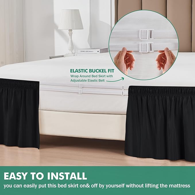 Biscaynebay Wrap Around Bed Skirts with Split Corners for Queen Beds 14" Drop, Black Elastic Dust Ruffles Adjustable Easy Fit Wrinkle & Fade Resistant Silky Luxurious Fabric Machine Washable