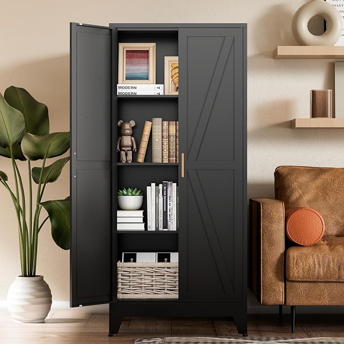COFaR Black Farmhouse Storage Kitchen Pantry Cabinet with 2 Barn Door, 3 Adjustable Shelves and Legs, for Cupboard/Dining Room/Bathroom/Living Room/Office/Laundry Room (Black, 61" Farmhouse)