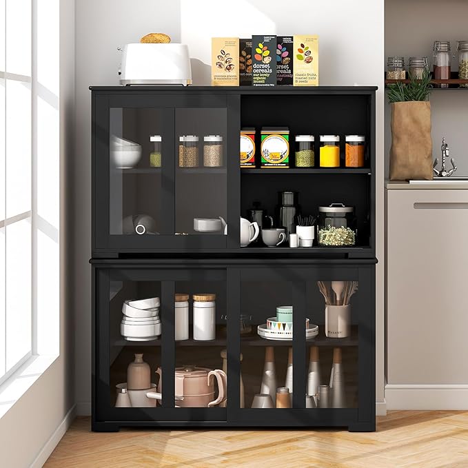 Costzon Sideboard Buffet Cabinet of 2, Wooden Kitchen Storage Cabinet with Adjustable Shelf, Sliding Glass Doors, Accent Coffee Bar Cabinet Console Table for Living Room, Dining Room, Hallway