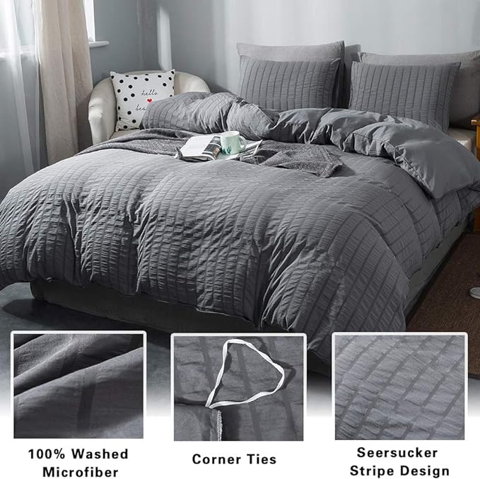AveLom Dark Gray Duvet Cover Twin Size (68 x 90 inches)，2 Pieces (1 Duvet Cover, 1 Pillow Case) Stripe Textured Soft Washed Microfiber Grey Duvet Cover with Zipper Closure Corner Ties