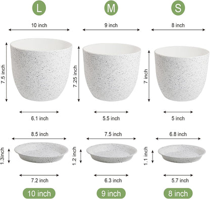 10/9/8 inch Medium Plant Pots, Set of 3 Modern Decorative Plastic Planters with Drainage Holes and Saucers for Garden House Plants, Flower Pots for Indoor Outdoor Plants, Speckled White