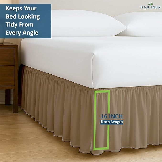 Rajlinen Ruffled Bed Skirt Queen, 16 Inch Drop Dust Ruffle with Split Corners, 100% Microfiber Bedskirt with Platform, Three-Sided Coverage Ruffled Gathering Design, Taupe