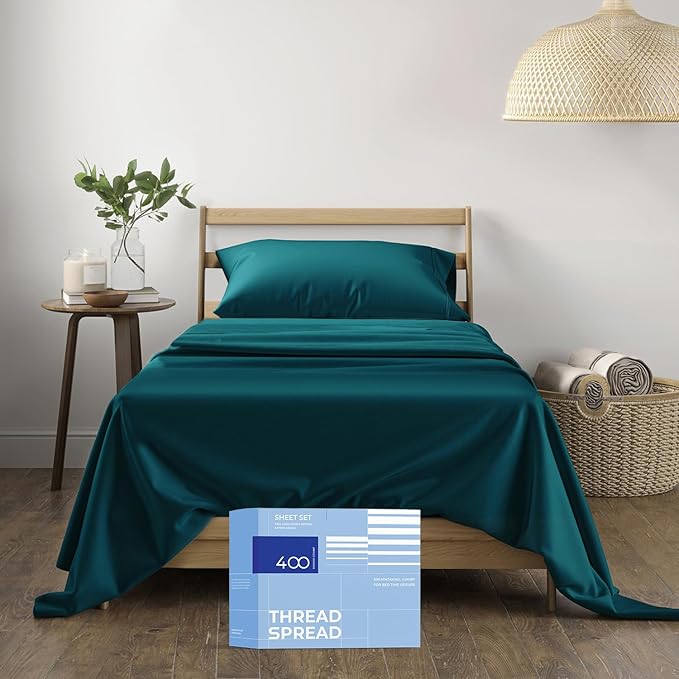 THREAD SPREAD Twin XL Sheets Set Cotton - 400 Thread Count 100% Cotton Twin XL Sheet Set, 3 PC Twin XL Sheets, Cooling & Luxury Sateen Sheets, 16" Deep Pocket Extra Soft Sateen Cotton Sheets (Teal)