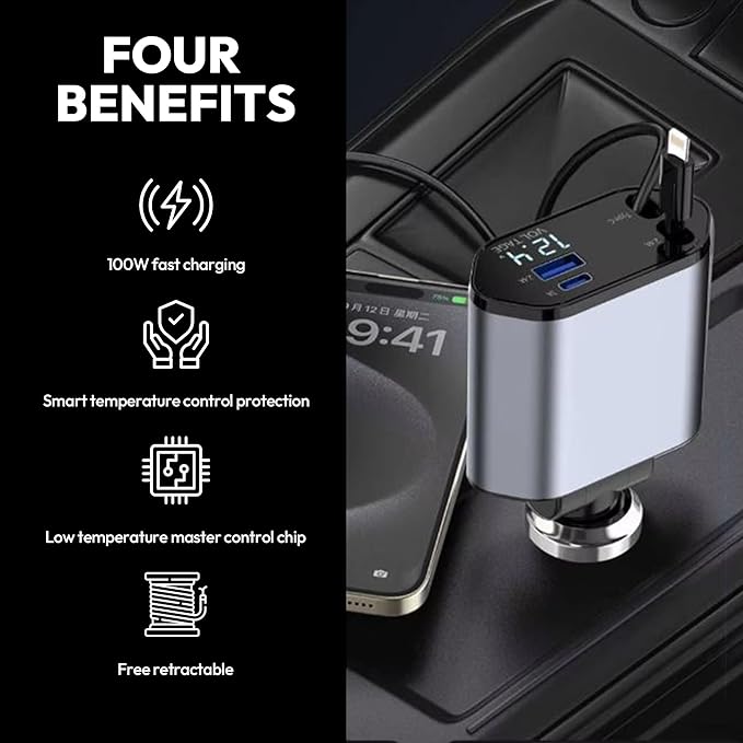 120W Retractable Car Charger 4-in-1 USB-C & Lightning Cable – Fast Charging Adapter for iPhone 16/15/14, Samsung, Android | USB Type-C Port + LED Voltage Display | Multi-Device Car Charger