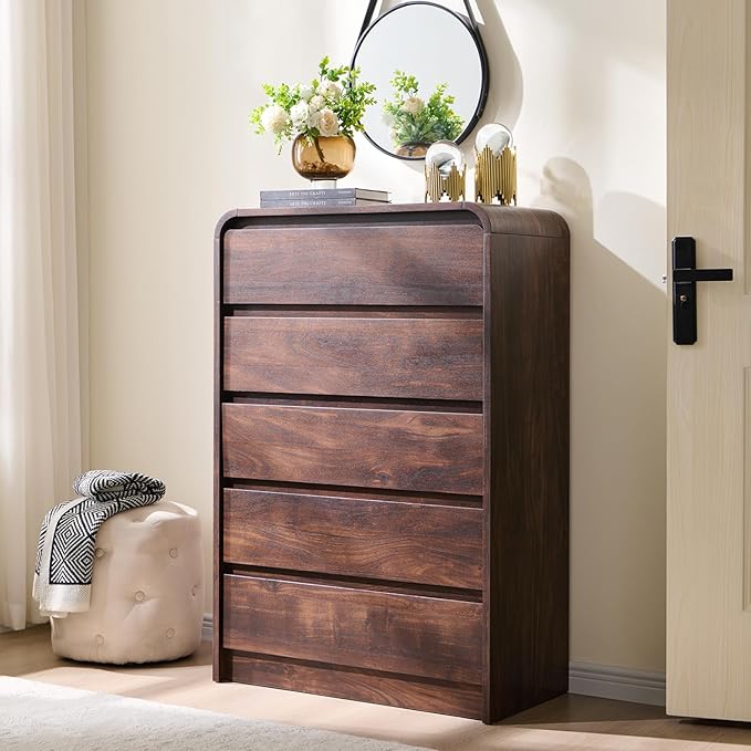 Modern 5 Drawers Dresser for Bedroom, 45" Tall Dressers & Chests of Drawers w/Curved Profile Design, Wood Mid Century Vertical Dresser w/Natural Texture for Bedroom, Living Room, Brown