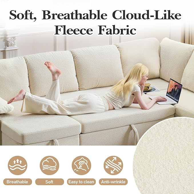 VINGLI Convertible Sofa Bed, U-Shape Sectional Couches for Living Room Sleeper Sofa with Pull Out Couch Bed Cloud-Like Plush Fleece Sofa Couch with Storage Chaise, USB Charging, Side Pockets