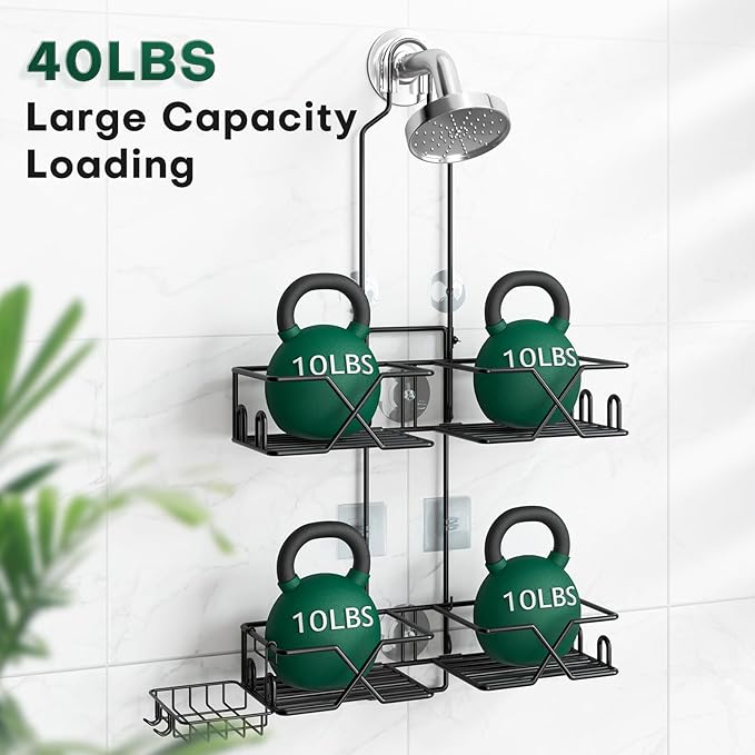 Stainless Steel Hanging Shower Caddy for Handheld Shower Heads,Adjustable Height Extra Long Bathroom Shower Organizer Hanger Rack with Hooks,Soap Holder