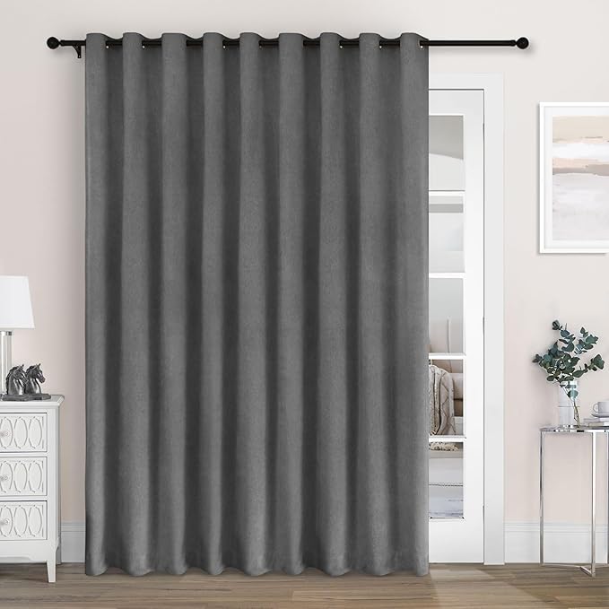 Macochico 100% Blackout Chenille Curtains for Sliding Door Thermal Insulated Noise Reducing Drapery for Living Room Bedroom Hotel, Grommet Curtains with Tieback, Dark Grey, 120" Wx96 L 1 Panel