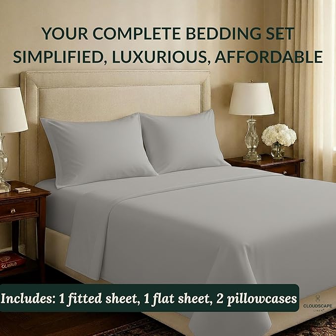 Cloud Scape Linen 100% Egyptian Cotton California King Sheet Set, 400 Thread Count,4 Pieces Luxury Bedding Set, Hotel Quality, Silky Soft, Breathable and Durable, Deep Pockets up to 17, Light Grey