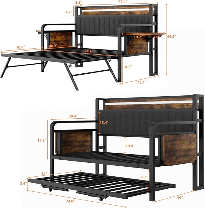 Daybed with Trundle, Twin Trundle Bed Frame - Metal Day Bed with LED Lights, Upholstered Storage Headboard & Charging Station, Pop Up Sleeper, Modern Design for Living Room and Guest Room-Brown