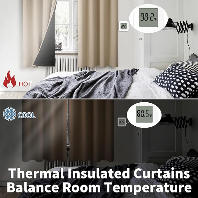 BGment Thermal Insulated 100% Blackout Curtains for Bedroom with Black Liner, Double Layer Full Room Darkening Noise Reducing Grommet Curtain (52 x 63 Inch, Sand, 2 Panels)