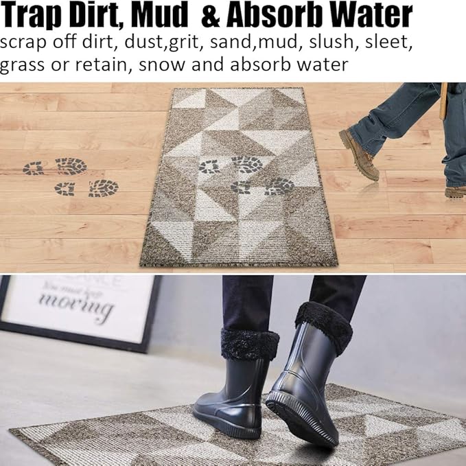 Indoor Doormat 32"x 48", Absorbent Front Back Door Mat Floor Mats, Rubber Backing Non Slip Door Mats Inside Mud Dirt Trapper Entrance Front Door Rug Carpet, Machine Washable Low Profile-Brown Geome