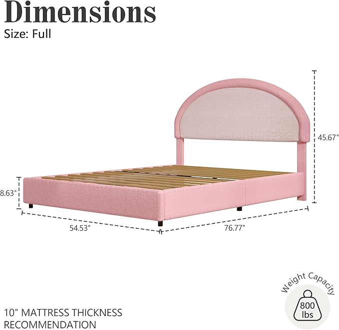 Full Size Bed Frame, Boucle Upholstered Platform Bed Frame with Headboard, Pink Bed Frame, Soft Rounded Corners, No Box Spring Required, Easy Assembly