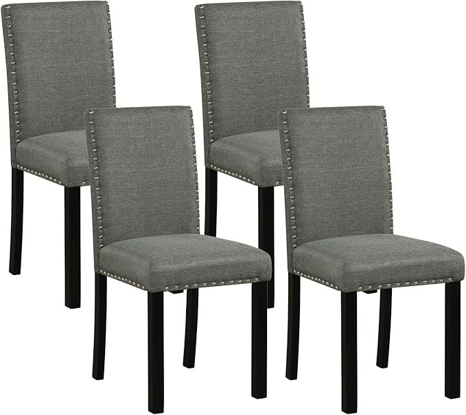 Giantex Dining Chairs Set of 4, Fabric Upholstered Parsons Kitchen Chair w/Nailhead Trim,Solid Rubber & Bent Wood Legs, Thick Padded Seat, Armless Side Chairs for Living Dining Room Restaurant, Grey