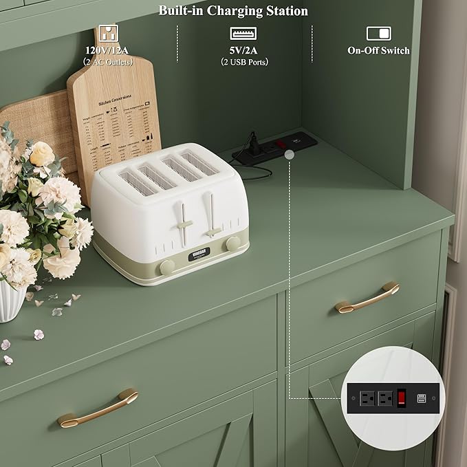 HOSTACK 71" Tall Pantry Cabinet with Charging Station, 55" Wide Kitchen Pantry Storage Cabinet with Countertop, Large Kitchen Hutch with Storage Drawers and Doors for Dining Room, Living Room, Green