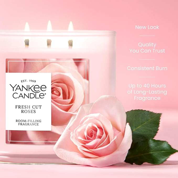 Yankee Candle Fresh Cut Roses, Scented Candle, 14.5oz 3-Wick Candle Jar with up to 40 Hours Burn Time, Giftable