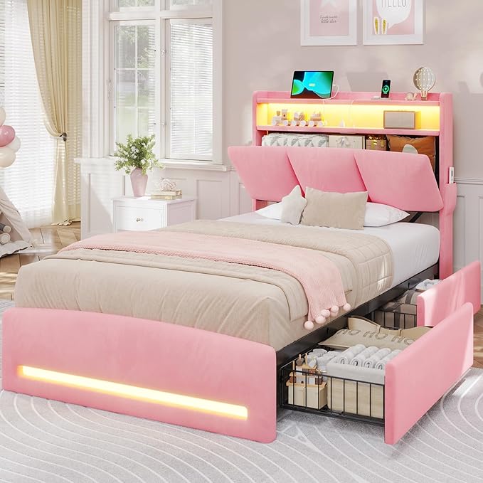 VIAGDO Twin Bed Frames with Storage Headboard and Charging Station, Velvet Upholstered Bed Frame Twin Size with 4 Drawers and LED Lights, Type C and USB, No Box Spring Needed, Pink