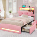 VIAGDO Twin Bed Frames with Storage Headboard and Charging Station, Velvet Upholstered Bed Frame Twin Size with 4 Drawers and LED Lights, Type C and USB, No Box Spring Needed, Pink