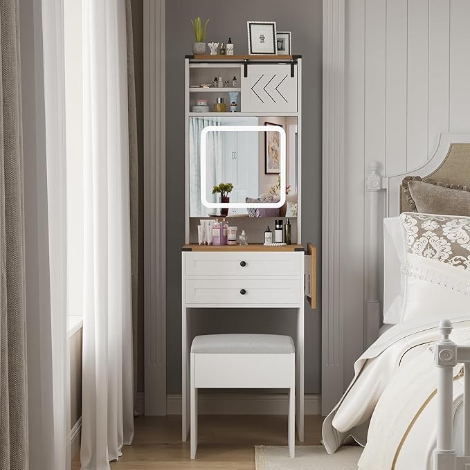 ARTETHYS Farmhouse Small Vanity Desk Set with Mirror Cabinet Mini Makeup Vanities Set with 3 Adjustable Lights and Storage Chair for Compact Space, White Dressing Table with Fold-up Panel
