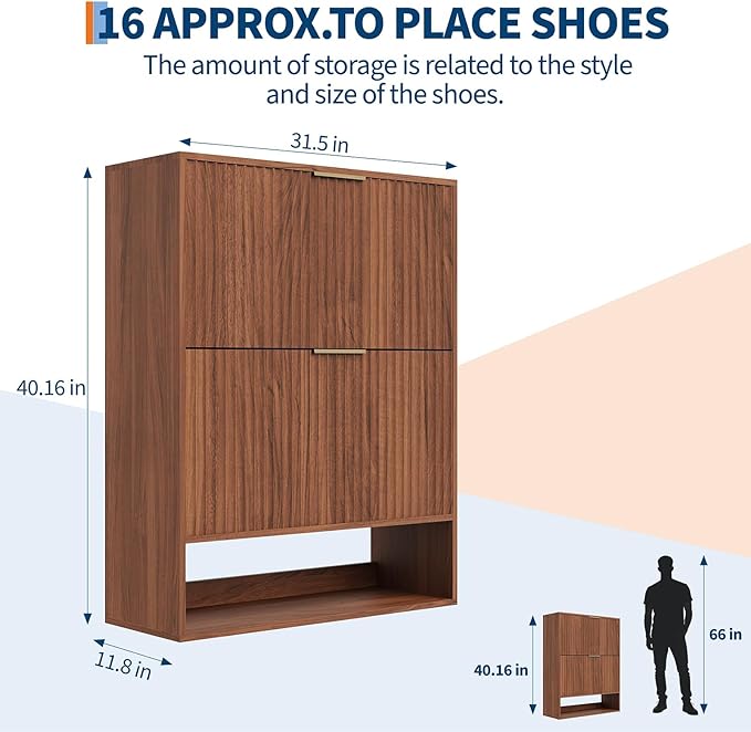Garvee Fluted Shoe Storage Cabinet, Slim Hidden Shoe Rack Cabinet with 2 Flip Drawers & Bottom Open Shelf, Freestanding Entryway Organizer, Perfect for Closet, Hallway, Foyer, Walnut