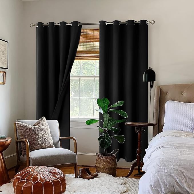 BGment Thermal Insulated 100% Blackout Curtains for Bedroom with Black Liner, Double Layer Full Room Darkening Noise Reducing Grommet Curtain (46 x 72 Inch, Black, 2 Panels)