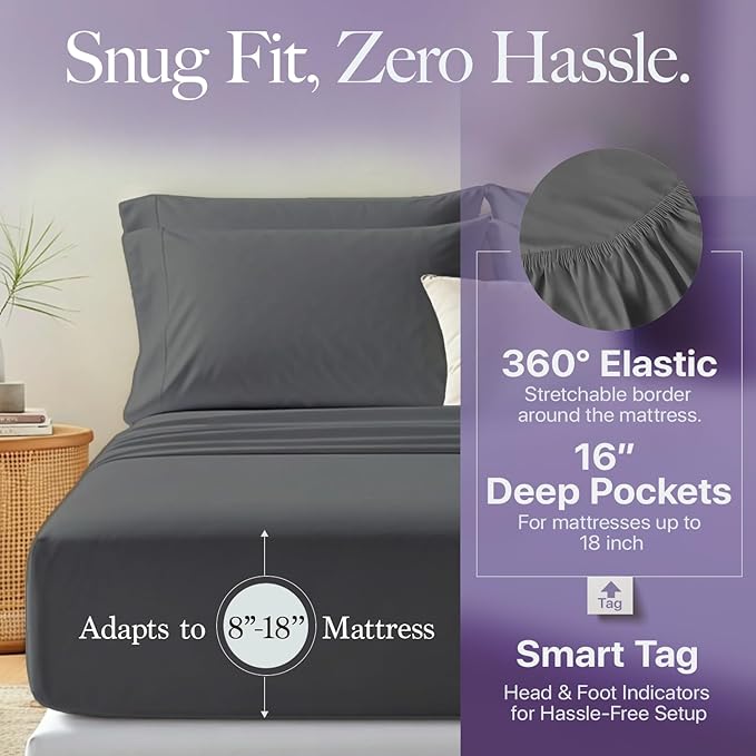 Carressa Linen 100% Egyptian Cotton King Size Sheets Set - 600 Thread Count Egyptian Cotton Queen Sheets King Size (4 PC, Graphite Gray), Soft, Cooling, 16" Deep Pocket Sateen Weave Luxury Bed Sheet