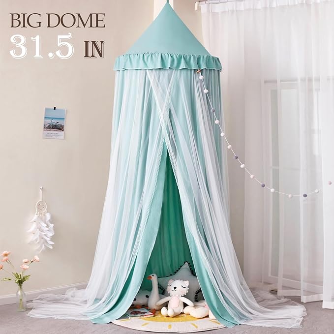 Kertnic 31.5inch Large Dome Bed Canopy for Girls, Double Layer Dreamy Ruffle Princess Canopy, Bedroom Hanging Tent Kids Reading Nook Canopies,Full Queen Bed Canopy Curtain (Green)
