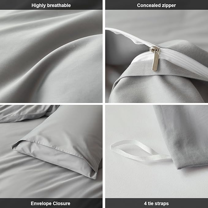 Full Size Cotton Duvet Cover Set 3 Piece-100% Egyptian Cotton Duvet Cover Set,1600Thread Count -Hotel Luxury Bedding，Ultra Soft & Breathable, Wrinkle-Free(Grey, 80x90 inches)