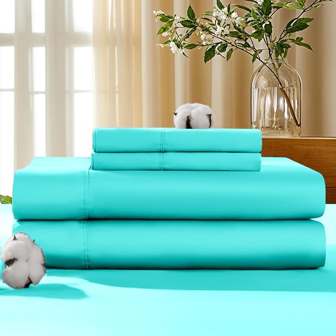 LBRO2M 100% Cotton Sheets Set Deep Pocket 19", 1000 Thread Count Queen Size 4 Piece Bed Sheet Sets Soft Comfortable Bedding All Season (Queen, Lake Green)