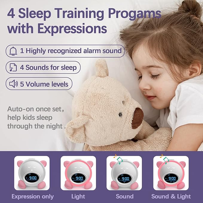 OK to Wake Clock for Kids, Sleep Training Clock with Night Light and Sound Machine, Kids Alarm Clock for Bedrooms (Pink)