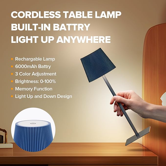 LUTEC 4 Pack Cordless Table Lamp,6000mAh Rechargeable Battery Operated Desk Lamp,Two Adjustable Heights,Waterproof, Touch Control & 3 Color Stepless Dimming for Restaurant/Bedroom/Bars/Outdoor (Blue)
