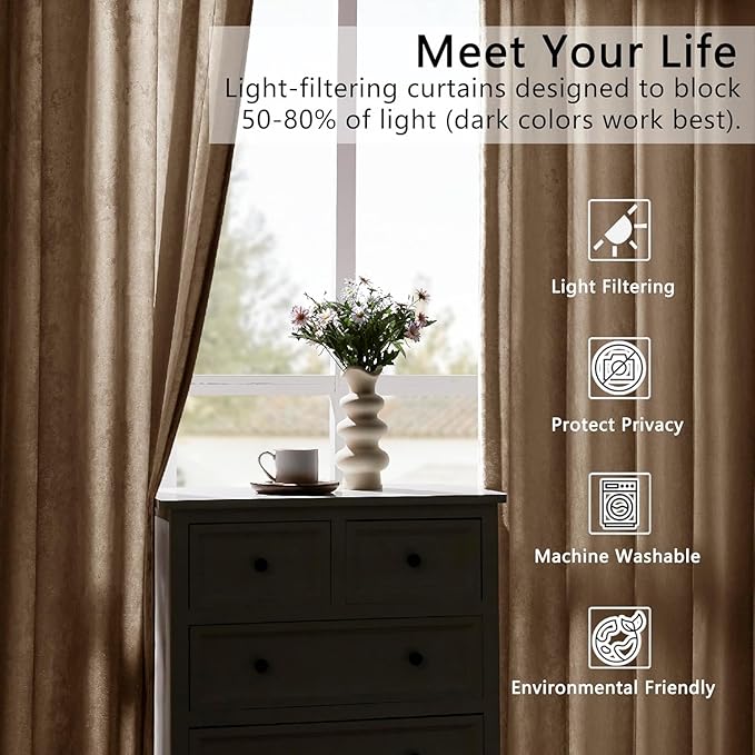 SMILETIME Amber Beige Crushed Velvet Curtains 52x96 inch Luxurious Thermal Insulated Soundproof Drapes for Living Room Bedroom Office Soft and Durable Light-Filtering Window Treatments, 2 Panels
