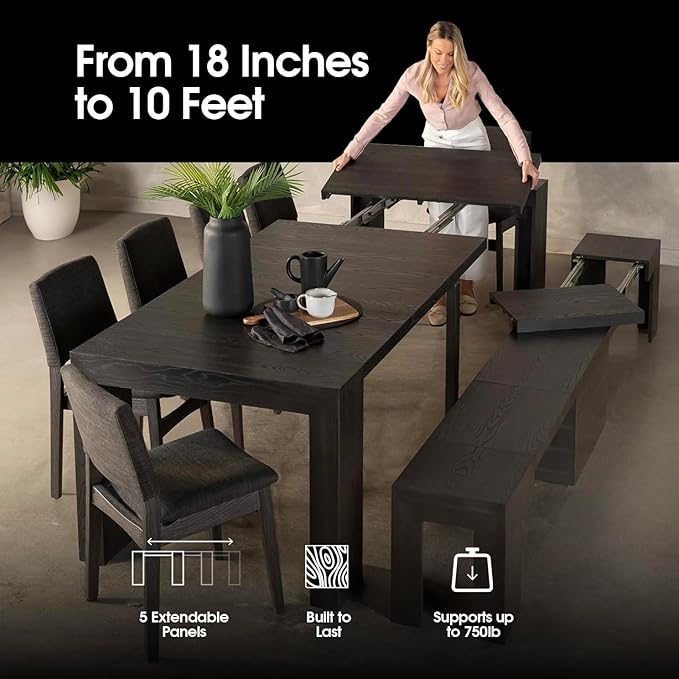 Transformer Table - Solid Wood Extendable Dining Table, Seats 2-12, Extendable Dining Room Table, Space-Saving Furniture, Expandable Dining Furniture (Black, Table + Coffee Table)