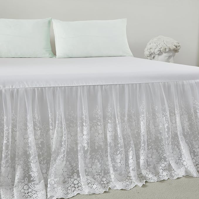 Brandream Lace Bed Skirt Queen Size White 18 Inch Drop Romantic Dust Ruffle Split Corners Bed Sheets Cover Excellent Quality