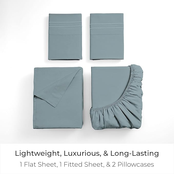 Mellanni Twin XL Sheet Set - 4-Piece Iconic Collection Bedding, (Including 2 Pillowcases), 16-Inch Deep Pocket, Easy Care, Extra Soft, Cooling Sheets, Brushed Microfiber - Spa Blue