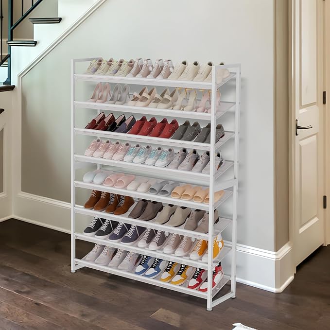 Large Shoe Rack 8 Tier Shoe Organizer, Heavy Duty Metal 4-Tier Stackable Shoe Storage Vertical Shoe Rack for Closet Front Door Entrance, Up to 50 Pairs, 44.8" W x 11.4" D x 56.7" H, White