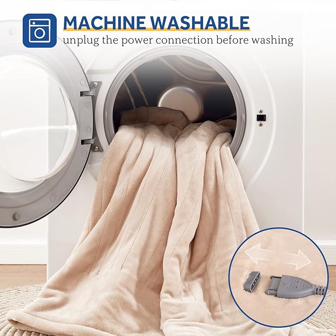Sealy Electric Blanket Queen Size, Flannel Heated Blanket with 10 Heating Levels & 1-12 Hours Auto Shut Off, Fast Heating Warm Blanket, Machine Washable, Beige, 84 x 90 Inch