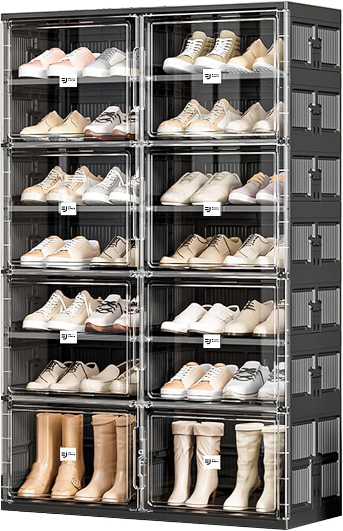 28 Pairs Portable Shoe Storage Cabinent of 3-Step Fast Installation,Plastic Shoe Box with Magnetic Clear Door for Entryway, Enclosed Shoe Rack for Sneaker, Heels etc.. (2Row, 7Tier)