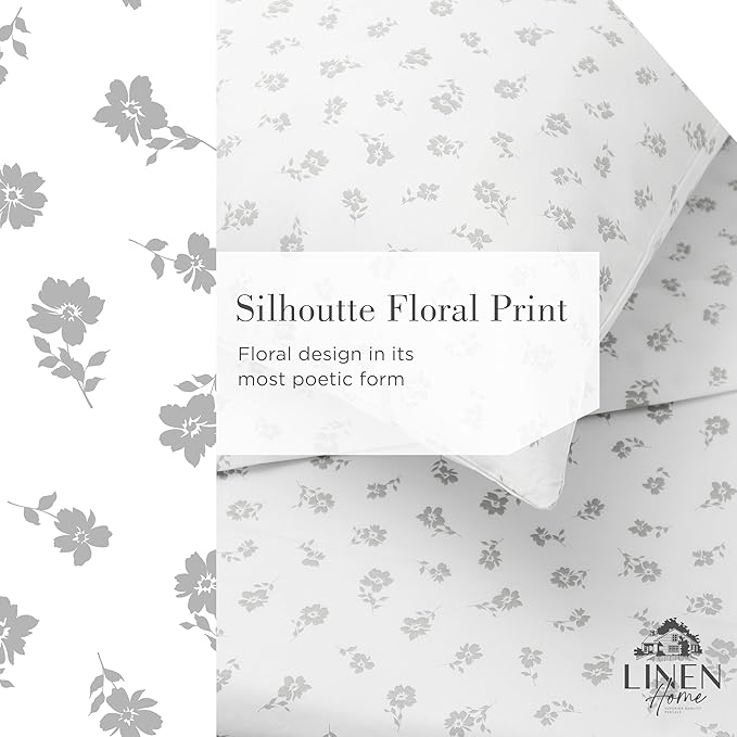 Linen Home 100% Cotton Printed Percale Sheets King Size, Deep Pocket, 4 Pieces Set - 1 Flat, 1 Deep Pocket Fitted Sheet and 2 Pillowcases, Crisp Cool and Strong Bed Linen, Grey Silhouette Floral