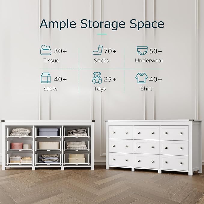 Dresser for Bedroom with 9 Drawers, Farmhouse Wood Chest of Drawers, Wide TV Stand Closet Storage Furniture with Metal Handle, Modern Clothes Organizer for Hallway, Living Room, Entryway, White