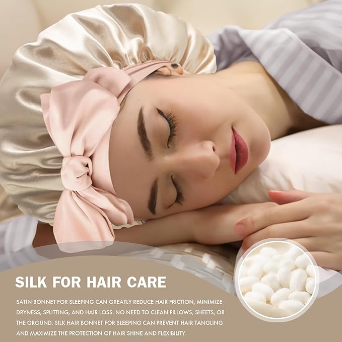 Silk Bonnet for Sleeping Women, Adjustable Soft Satin Lined Bonnet with Tie Band, Double Layer Sleep Night Cap