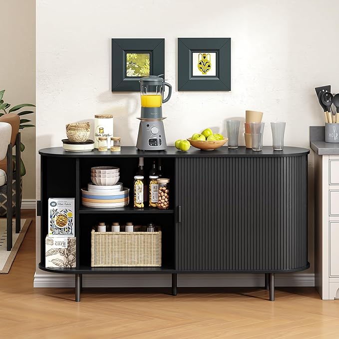 Buffet Cabinet with Storage, Fluted Sideboard Buffet with Sliding Door, Coffee Bar Cabinet with Adjustable Shelf, Console Table, Accent Table for Entryway, Kitchen (Black, 55 Inch)