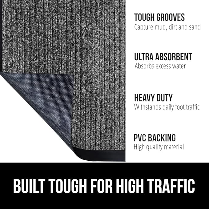 GORILLA GRIP Waterproof Traffic Guard Door Mat, 2 Pack Heavy Duty Entryway Mats, Strong Rubber Back Commercial Rugs for Office Hallway, Garage Floor and Home, Low Profile Carpet, 29x17, Light Gray