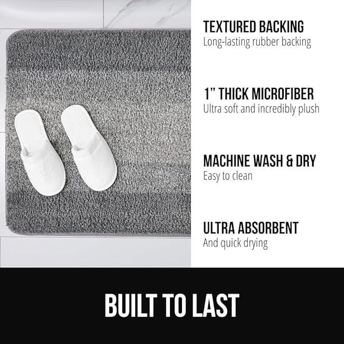 GORILLA GRIP Ultra Soft Plush Bathroom Rugs with Textured Rubber Backing, Absorbent Quick Dry Bath Mat, Machine Washable Shower Mats, Home Décor Accessories Bathmat Rug Essentials, 24 x 16 Grey