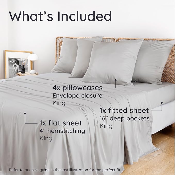 Bambaw King Sheet Set 6pcs – 100% Viscose Derived from Bamboo Sheets King Size Deep Pocket, Fits Up to 16'' with Elastic Corner Straps, Soft Cooling Sheets for Hot Sleepers (Moonlight Gray)