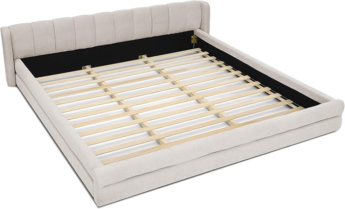 DEINPPA King Size Bed Frame with Cloud Soft Headboard, Chenille Upholstered Grounded Wood Base Bed Frame, No Box Spring Needed-Beige