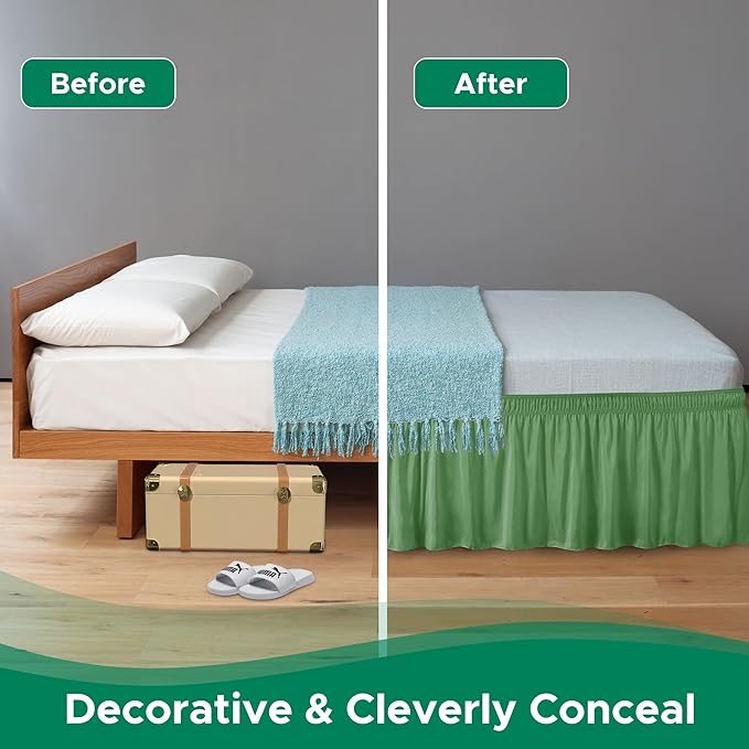 Biscaynebay Wrap Around Bed Skirts for King & Cal King Beds 14" Drop, Sage Adjustable Elastic Dust Ruffles Easy Fit Wrinkle Resistant Silky Luxurious Fabric Machine Washable